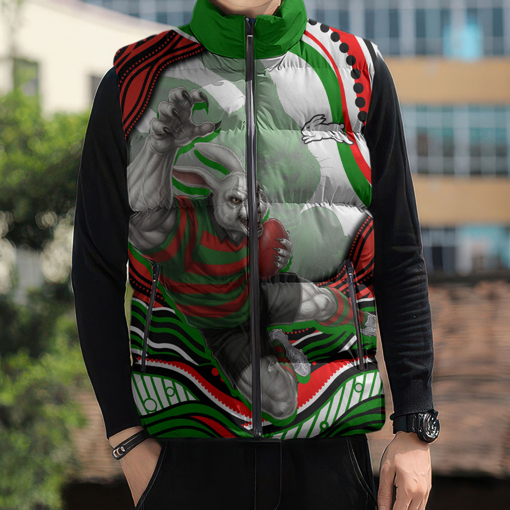 Personalized South Sydney Rabbitohs Sleeveless Puffer Jacket Aboriginal Dot Art - Dreamtime Rugby Mascot