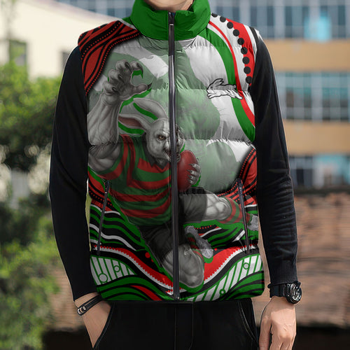 Personalized South Sydney Rabbitohs Sleeveless Puffer Jacket Aboriginal Dot Art - Dreamtime Rugby Mascot