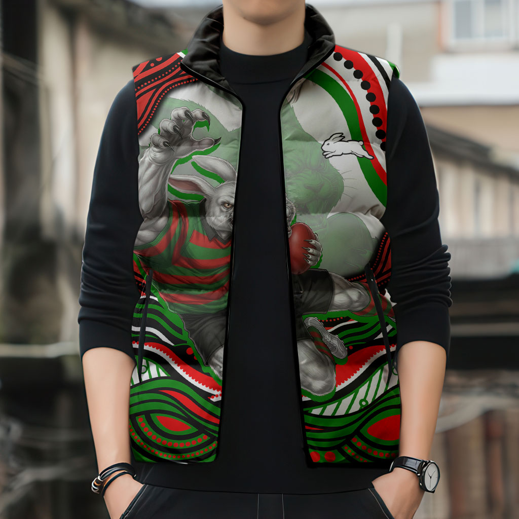 Personalized South Sydney Rabbitohs Sleeveless Puffer Jacket Aboriginal Dot Art - Dreamtime Rugby Mascot