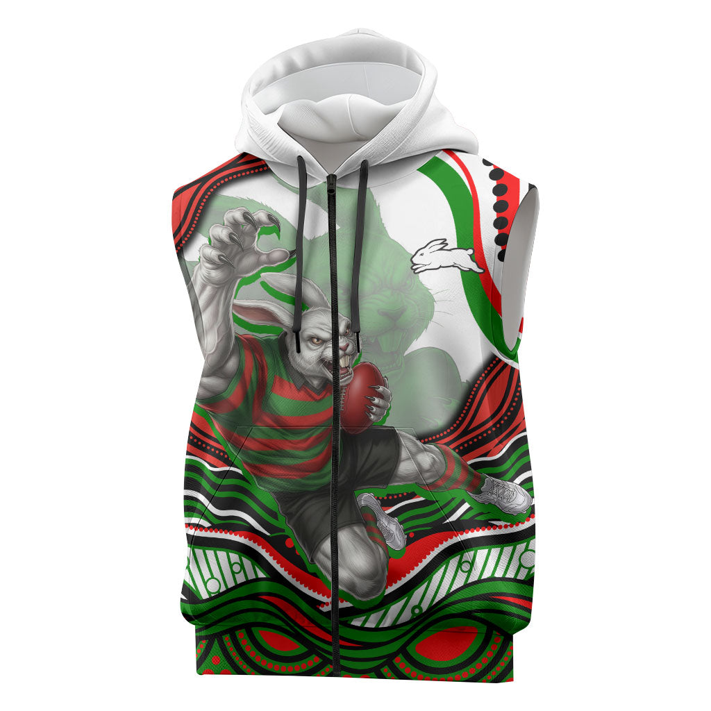 Personalized South Sydney Rabbitohs Sleeveless Zip Hoodie Aboriginal Dot Art - Dreamtime Rugby Mascot