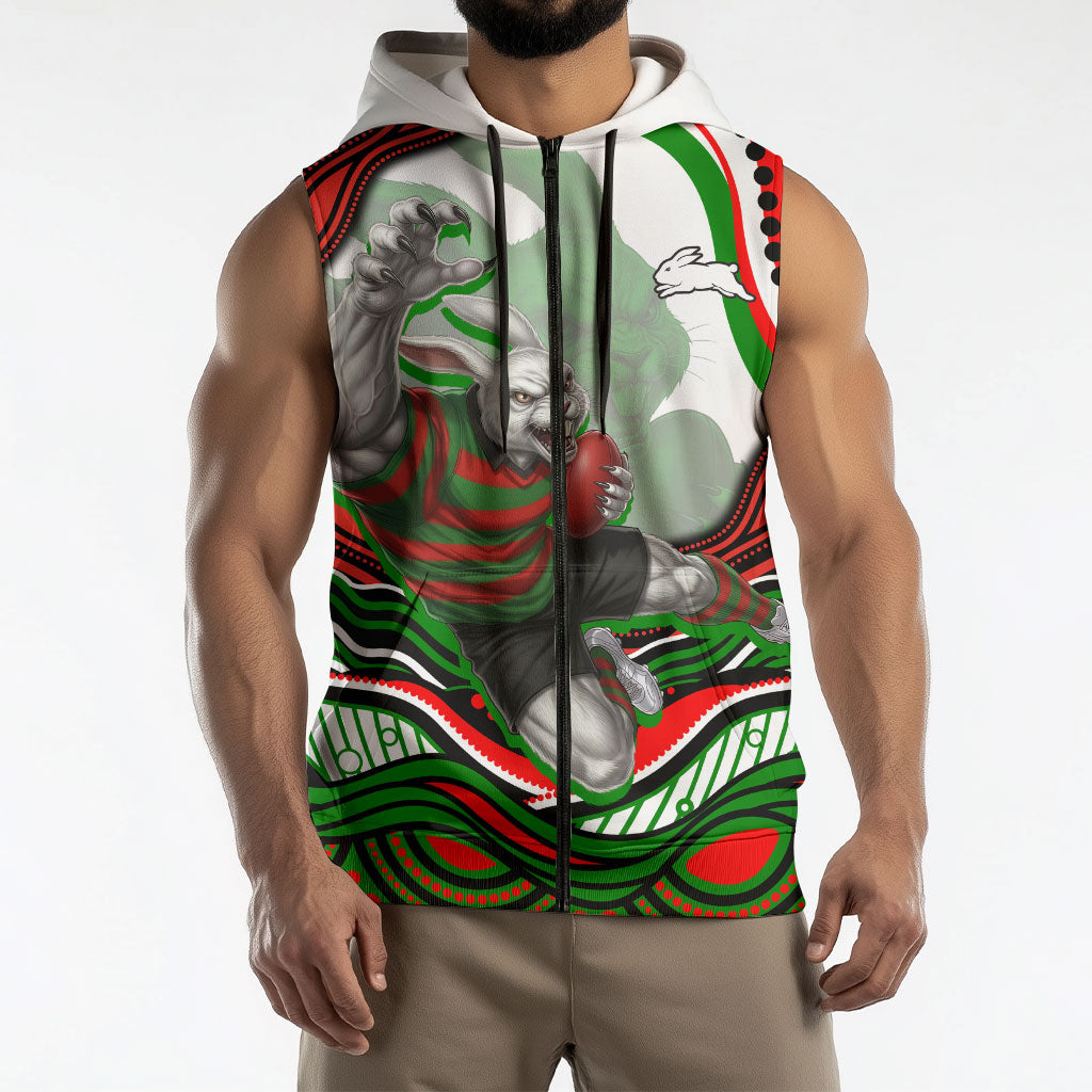 Personalized South Sydney Rabbitohs Sleeveless Zip Hoodie Aboriginal Dot Art - Dreamtime Rugby Mascot