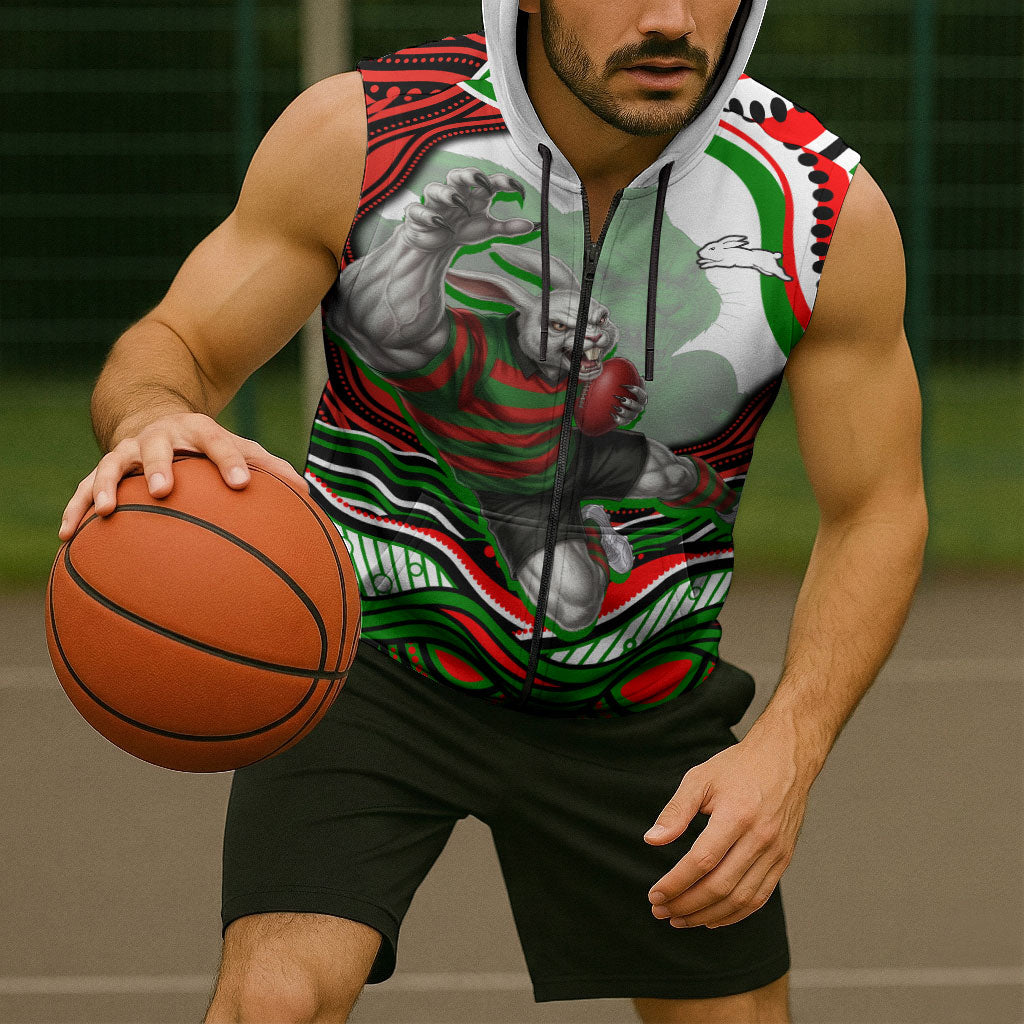 Personalized South Sydney Rabbitohs Sleeveless Zip Hoodie Aboriginal Dot Art - Dreamtime Rugby Mascot