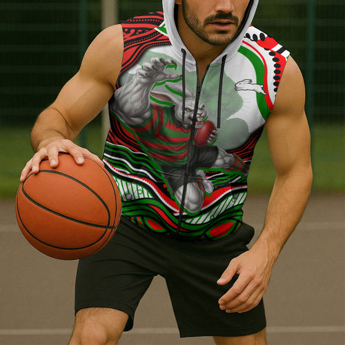 Personalized South Sydney Rabbitohs Sleeveless Zip Hoodie Aboriginal Dot Art - Dreamtime Rugby Mascot