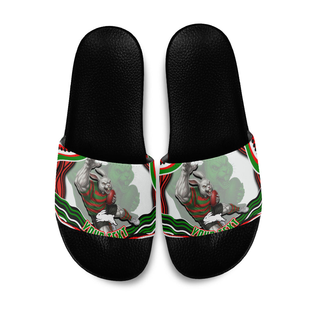 Personalized South Sydney Rabbitohs Slide Sandals Aboriginal Dot Art - Dreamtime Rugby Mascot