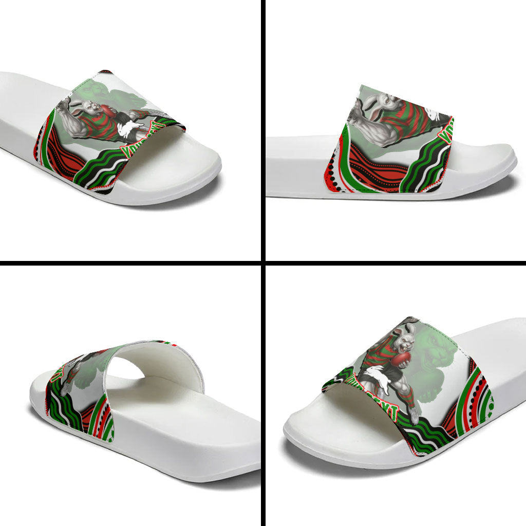 Personalized South Sydney Rabbitohs Slide Sandals Aboriginal Dot Art - Dreamtime Rugby Mascot