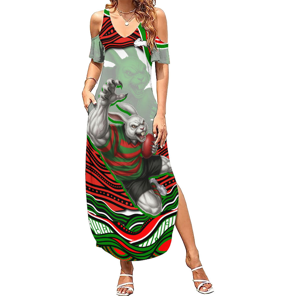 Personalized South Sydney Rabbitohs Summer Maxi Dress Aboriginal Dot Art - Dreamtime Rugby Mascot