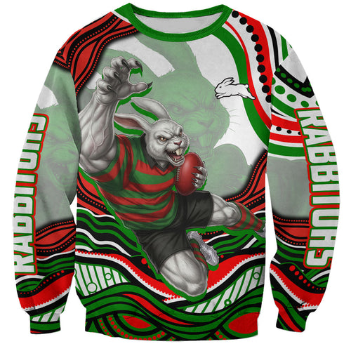Personalized South Sydney Rabbitohs Sweatshirt Aboriginal Dot Art - Dreamtime Rugby Mascot