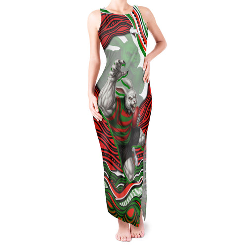 Personalized South Sydney Rabbitohs Tank Maxi Dress Aboriginal Dot Art - Dreamtime Rugby Mascot