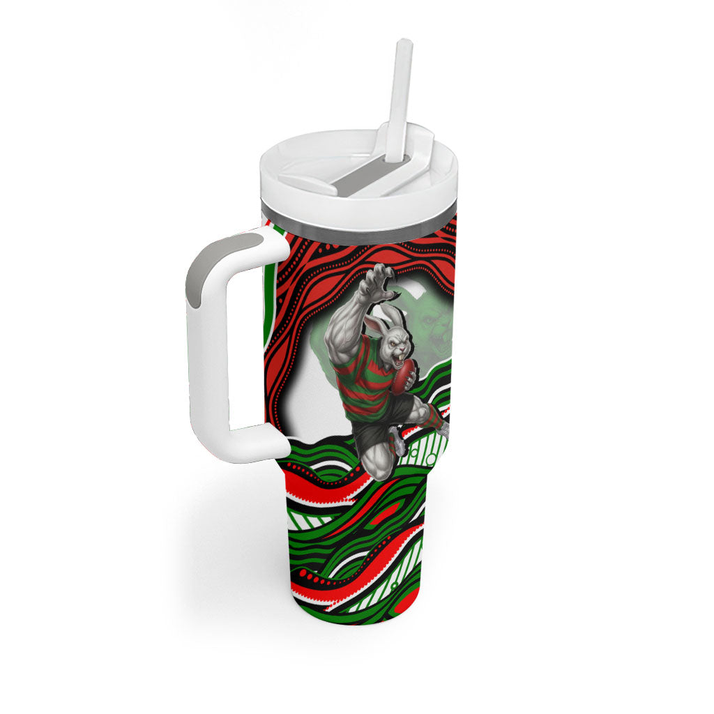 Personalized South Sydney Rabbitohs Tumbler With Handle Aboriginal Dot Art - Dreamtime Rugby Mascot