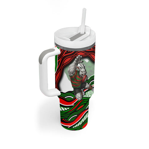Personalized South Sydney Rabbitohs Tumbler With Handle Aboriginal Dot Art - Dreamtime Rugby Mascot