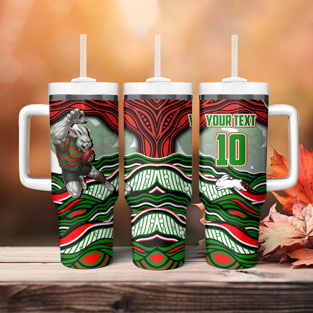 Personalized South Sydney Rabbitohs Tumbler With Handle Aboriginal Dot Art - Dreamtime Rugby Mascot