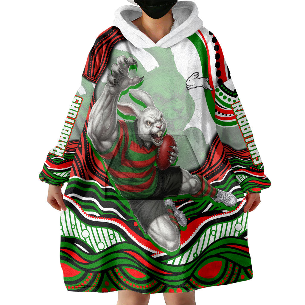 Personalized South Sydney Rabbitohs Wearable Blanket Hoodie Aboriginal Dot Art - Dreamtime Rugby Mascot