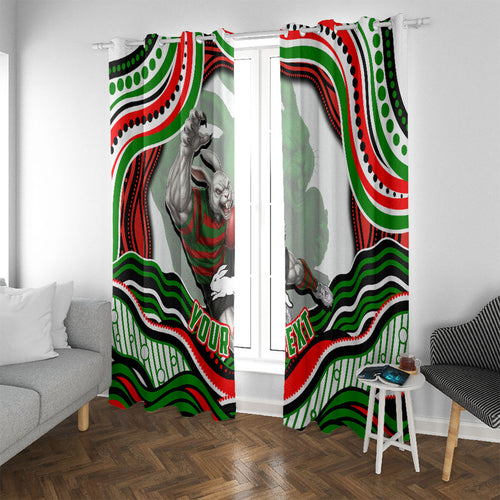 Personalized South Sydney Rabbitohs Window Curtain Aboriginal Dot Art - Dreamtime Rugby Mascot