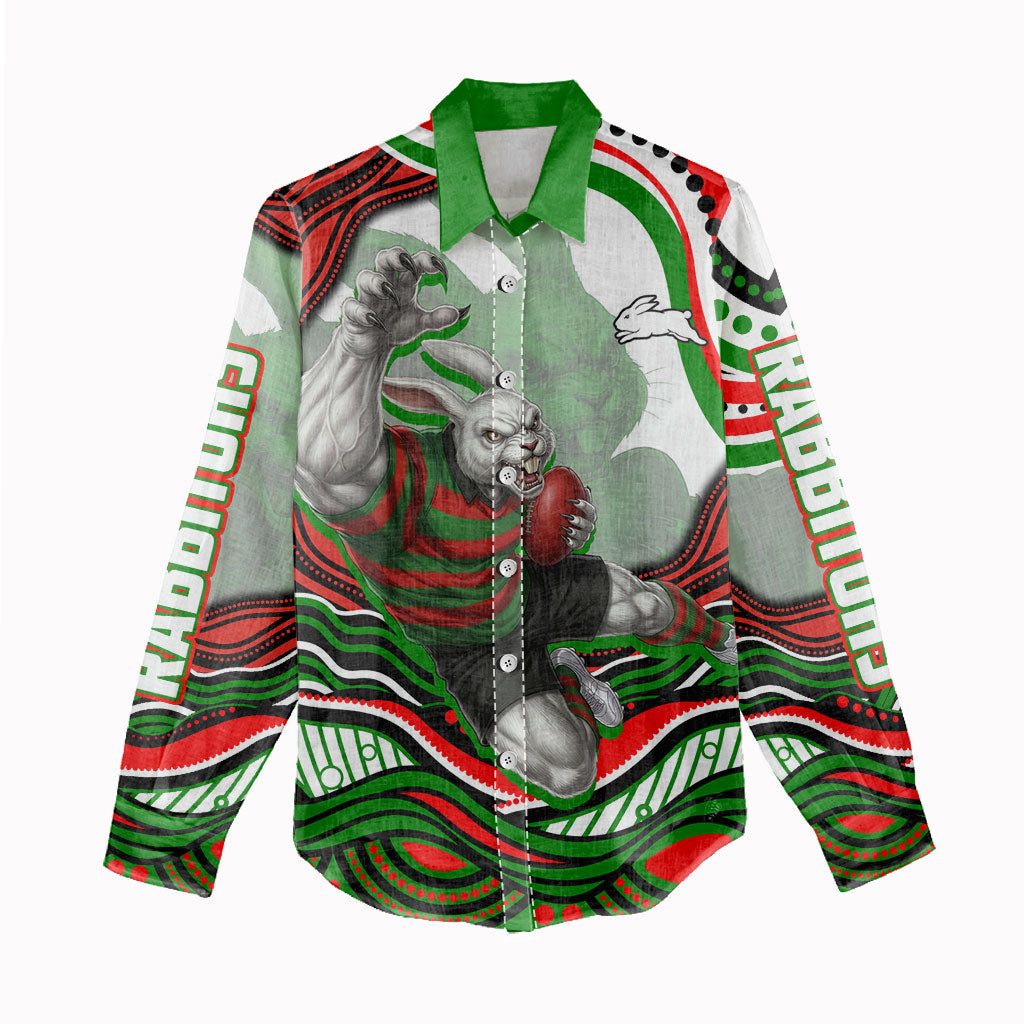 Personalized South Sydney Rabbitohs Women Casual Shirt Aboriginal Dot Art - Dreamtime Rugby Mascot