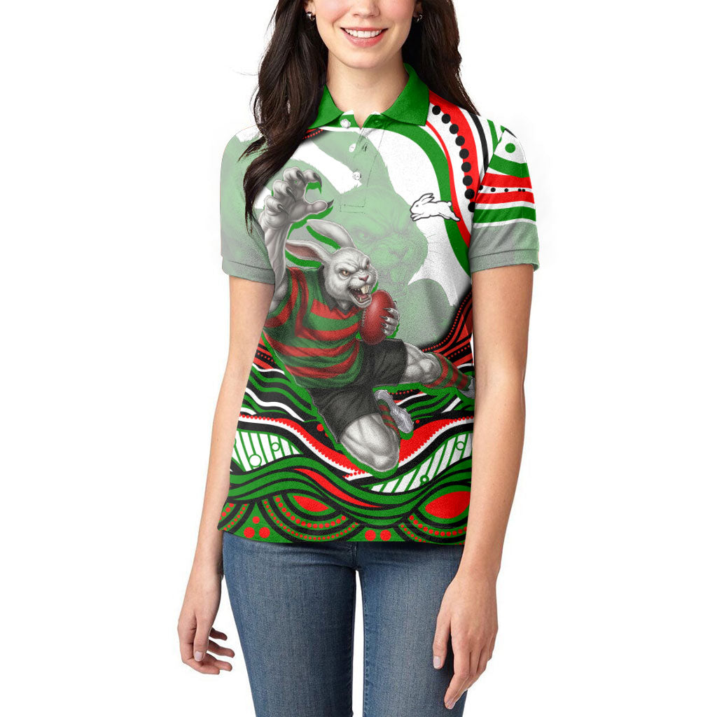 Personalized South Sydney Rabbitohs Women Polo Shirt Aboriginal Dot Art - Dreamtime Rugby Mascot