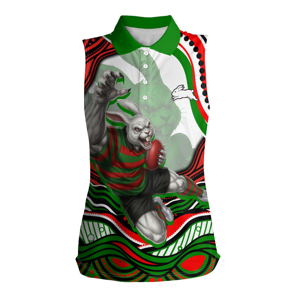 Personalized South Sydney Rabbitohs Women Sleeveless Polo Shirt Aboriginal Dot Art - Dreamtime Rugby Mascot