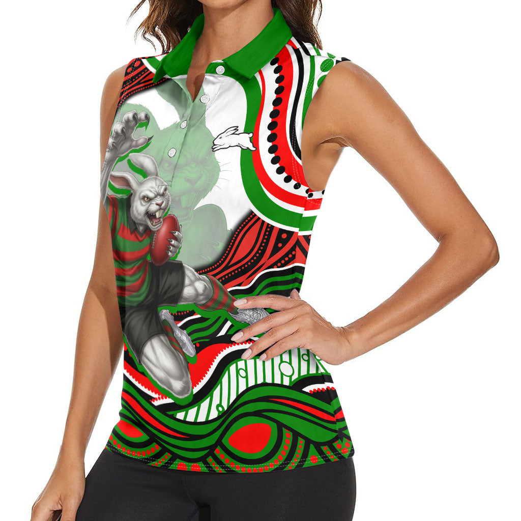 Personalized South Sydney Rabbitohs Women Sleeveless Polo Shirt Aboriginal Dot Art - Dreamtime Rugby Mascot