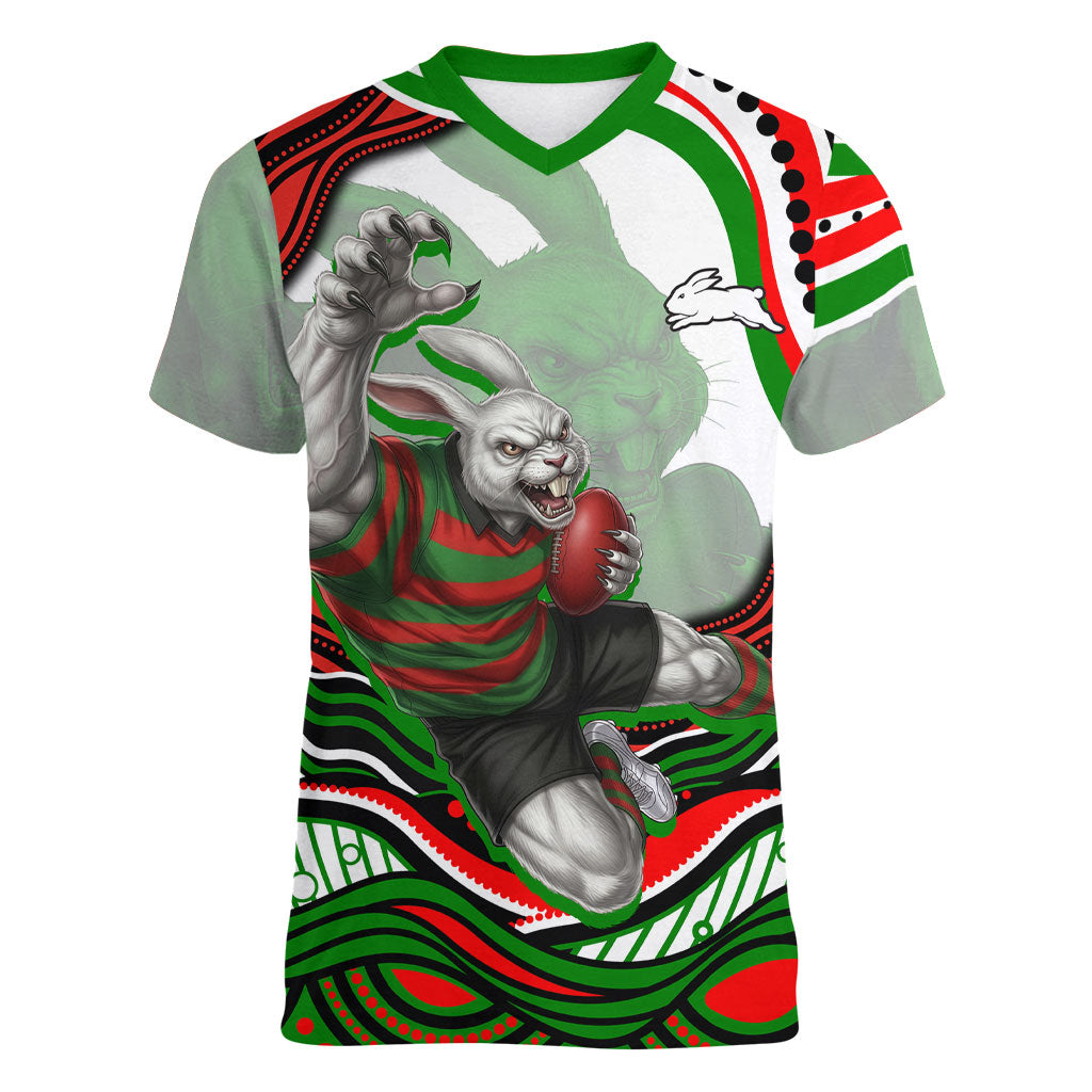 Personalized South Sydney Rabbitohs Women V-Neck T-Shirt Aboriginal Dot Art - Dreamtime Rugby Mascot