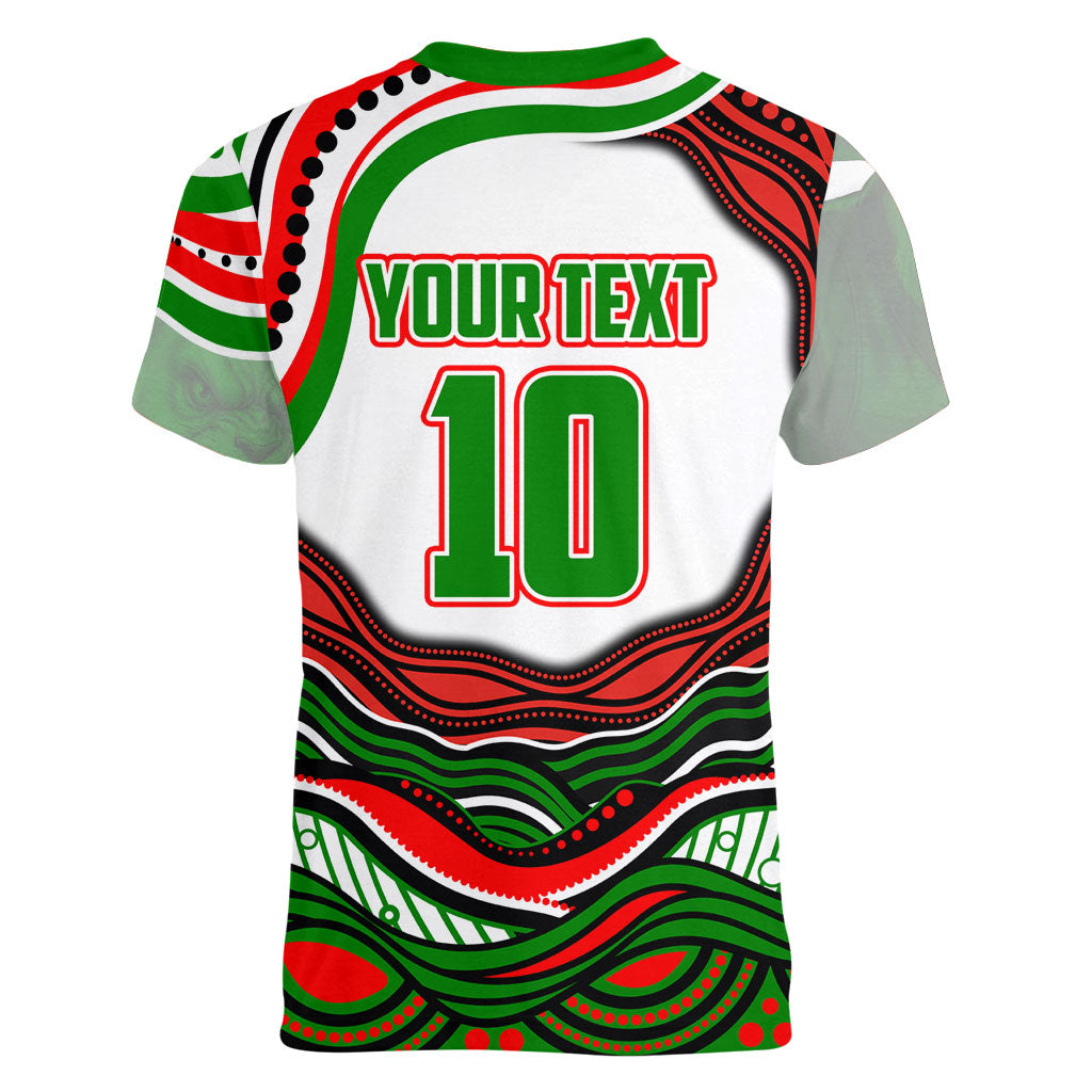 Personalized South Sydney Rabbitohs Women V-Neck T-Shirt Aboriginal Dot Art - Dreamtime Rugby Mascot