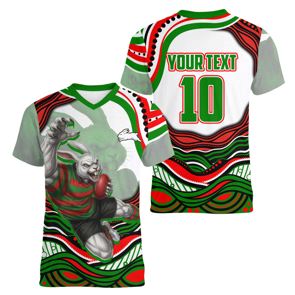 Personalized South Sydney Rabbitohs Women V-Neck T-Shirt Aboriginal Dot Art - Dreamtime Rugby Mascot