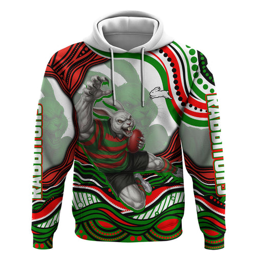 Personalized South Sydney Rabbitohs Zip Hoodie Aboriginal Dot Art - Dreamtime Rugby Mascot