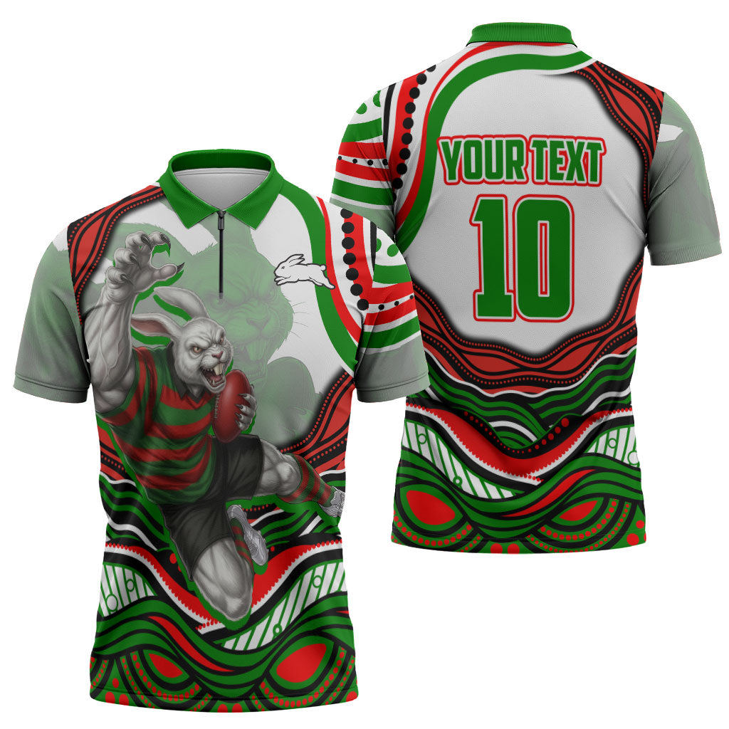 Personalized South Sydney Rabbitohs Zipper Polo Shirt Aboriginal Dot Art - Dreamtime Rugby Mascot