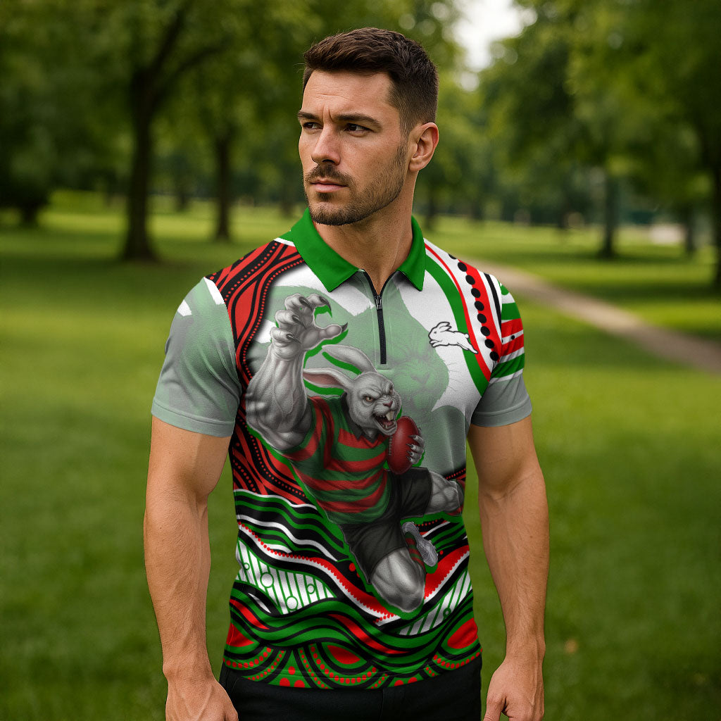 Personalized South Sydney Rabbitohs Zipper Polo Shirt Aboriginal Dot Art - Dreamtime Rugby Mascot