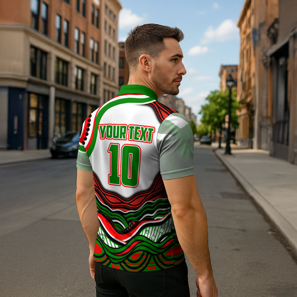 Personalized South Sydney Rabbitohs Zipper Polo Shirt Aboriginal Dot Art - Dreamtime Rugby Mascot
