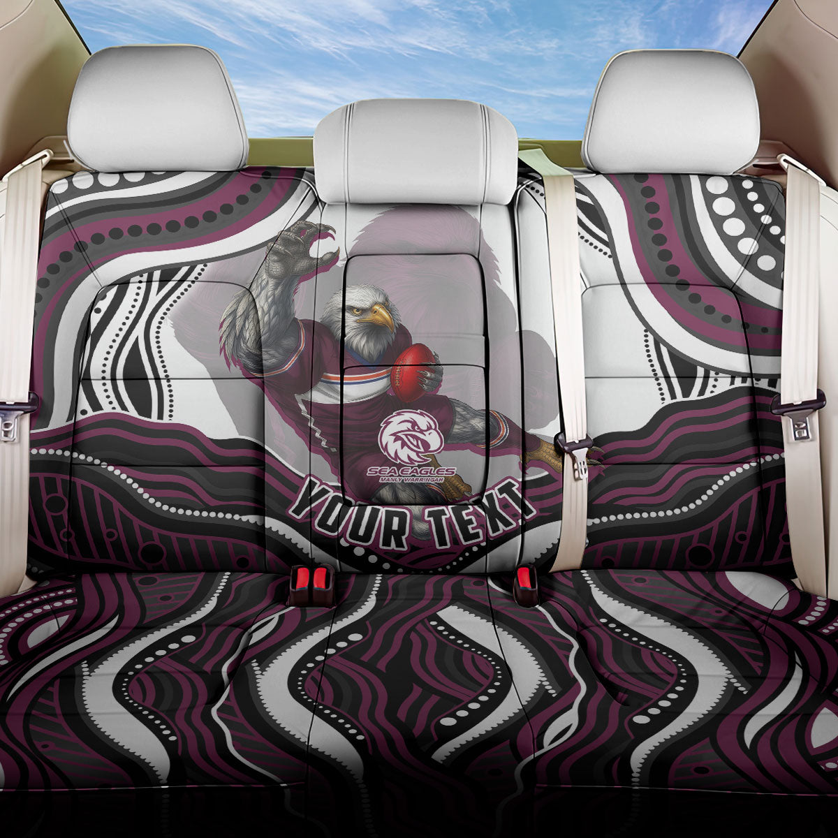 Personalized Manly Warringah Sea Eagles Back Car Seat Cover Aboriginal Dot Art - Dreamtime Rugby Mascot