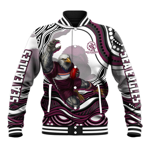 Personalized Manly Warringah Sea Eagles Baseball Jacket Aboriginal Dot Art - Dreamtime Rugby Mascot