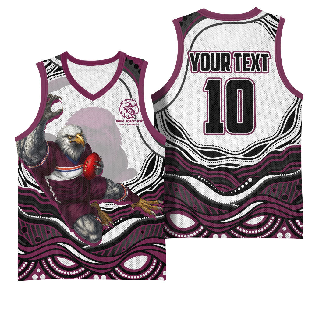 Personalized Manly Warringah Sea Eagles Basketball Jersey Aboriginal Dot Art - Dreamtime Rugby Mascot