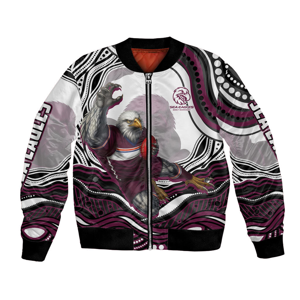 Personalized Manly Warringah Sea Eagles Bomber Jacket Aboriginal Dot Art - Dreamtime Rugby Mascot