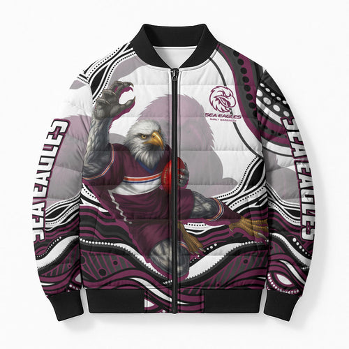 Personalized Manly Warringah Sea Eagles Bomber Puffer Jacket Aboriginal Dot Art - Dreamtime Rugby Mascot