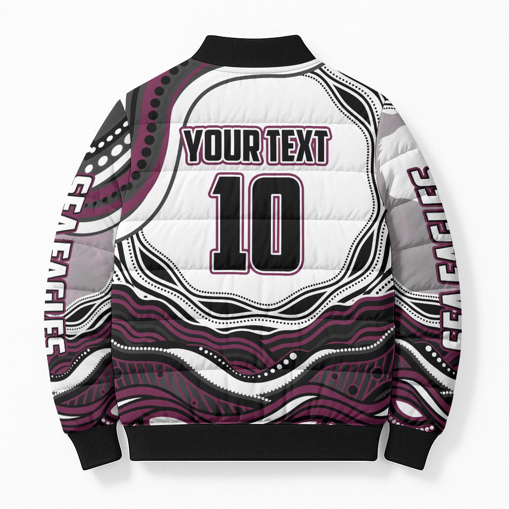 Personalized Manly Warringah Sea Eagles Bomber Puffer Jacket Aboriginal Dot Art - Dreamtime Rugby Mascot