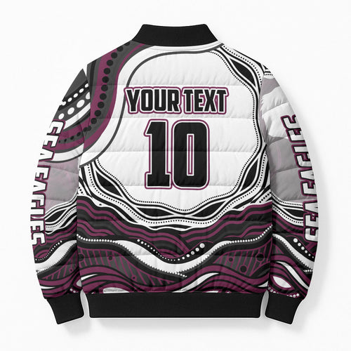 Personalized Manly Warringah Sea Eagles Bomber Puffer Jacket Aboriginal Dot Art - Dreamtime Rugby Mascot