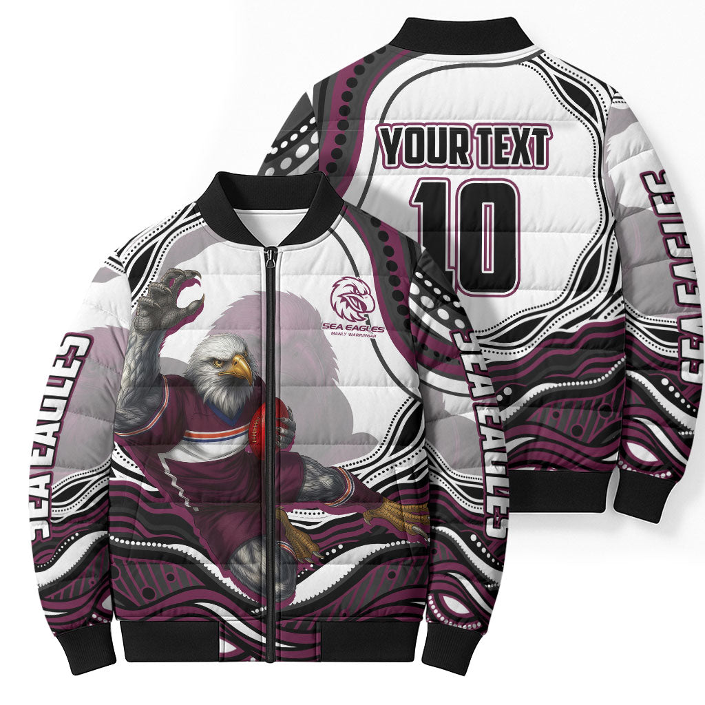Personalized Manly Warringah Sea Eagles Bomber Puffer Jacket Aboriginal Dot Art - Dreamtime Rugby Mascot