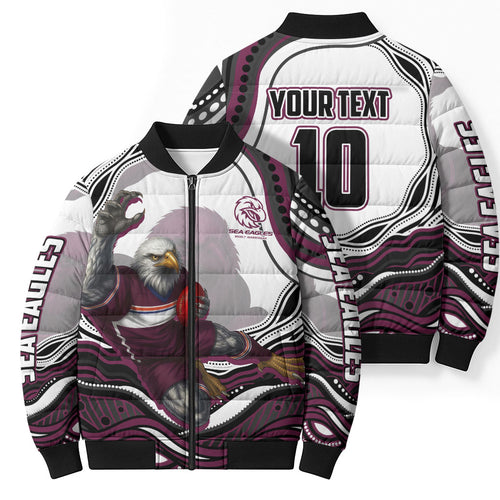 Personalized Manly Warringah Sea Eagles Bomber Puffer Jacket Aboriginal Dot Art - Dreamtime Rugby Mascot