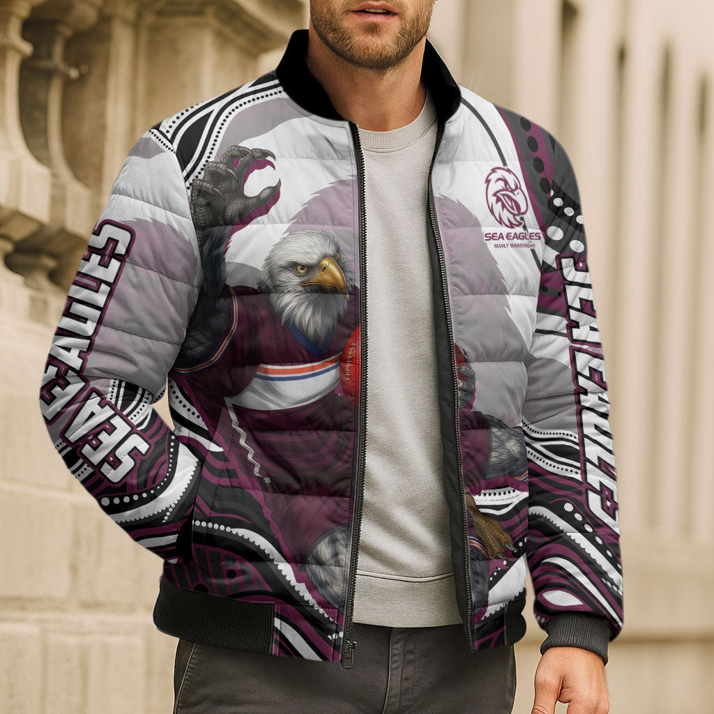 Personalized Manly Warringah Sea Eagles Bomber Puffer Jacket Aboriginal Dot Art - Dreamtime Rugby Mascot