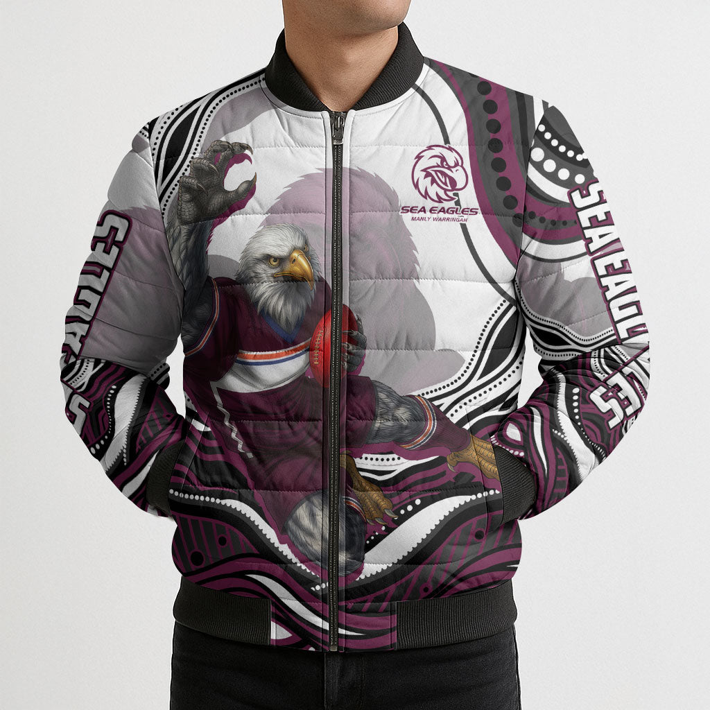 Personalized Manly Warringah Sea Eagles Bomber Puffer Jacket Aboriginal Dot Art - Dreamtime Rugby Mascot