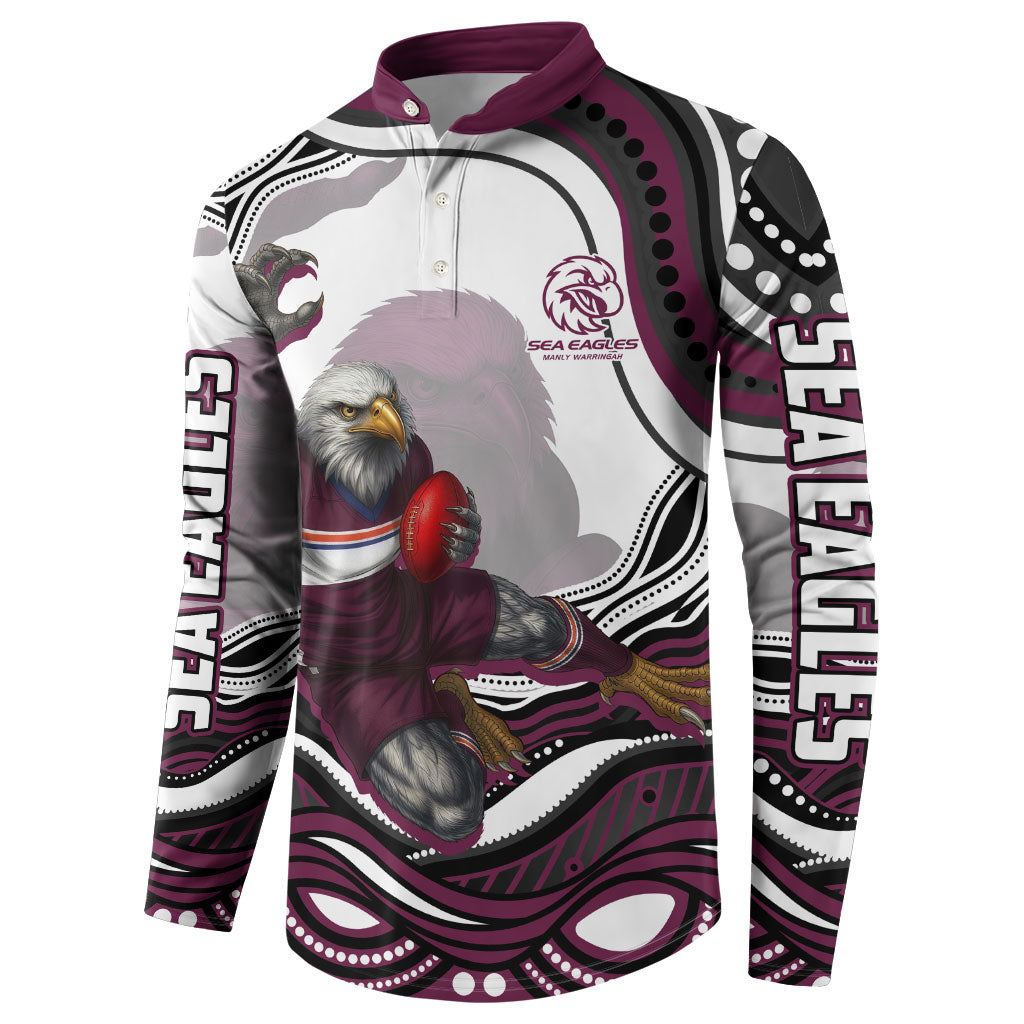 Personalized Manly Warringah Sea Eagles Button Sweatshirt Aboriginal Dot Art - Dreamtime Rugby Mascot