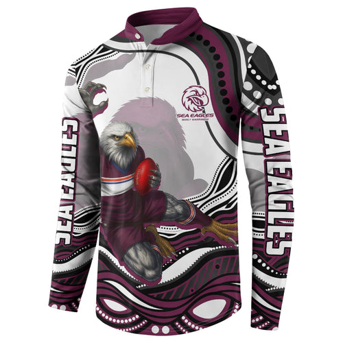 Personalized Manly Warringah Sea Eagles Button Sweatshirt Aboriginal Dot Art - Dreamtime Rugby Mascot