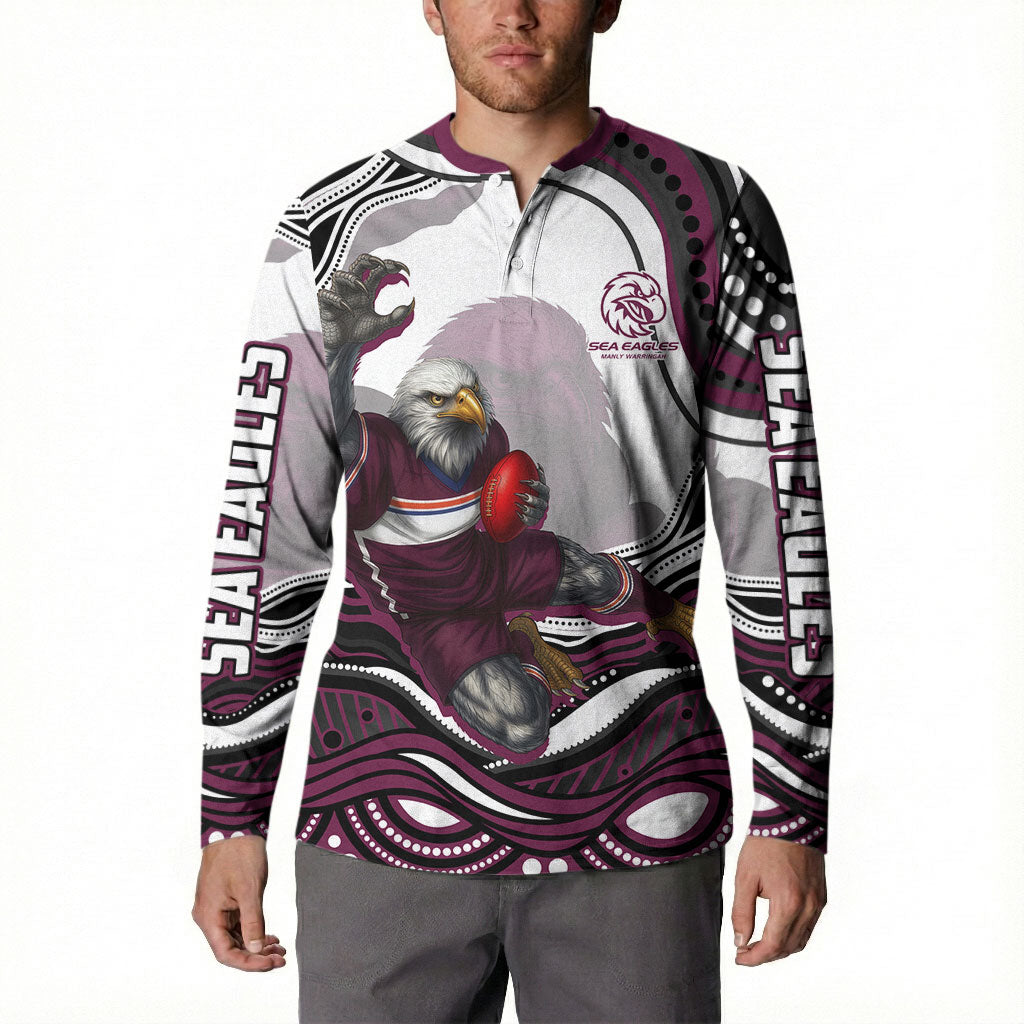 Personalized Manly Warringah Sea Eagles Button Sweatshirt Aboriginal Dot Art - Dreamtime Rugby Mascot