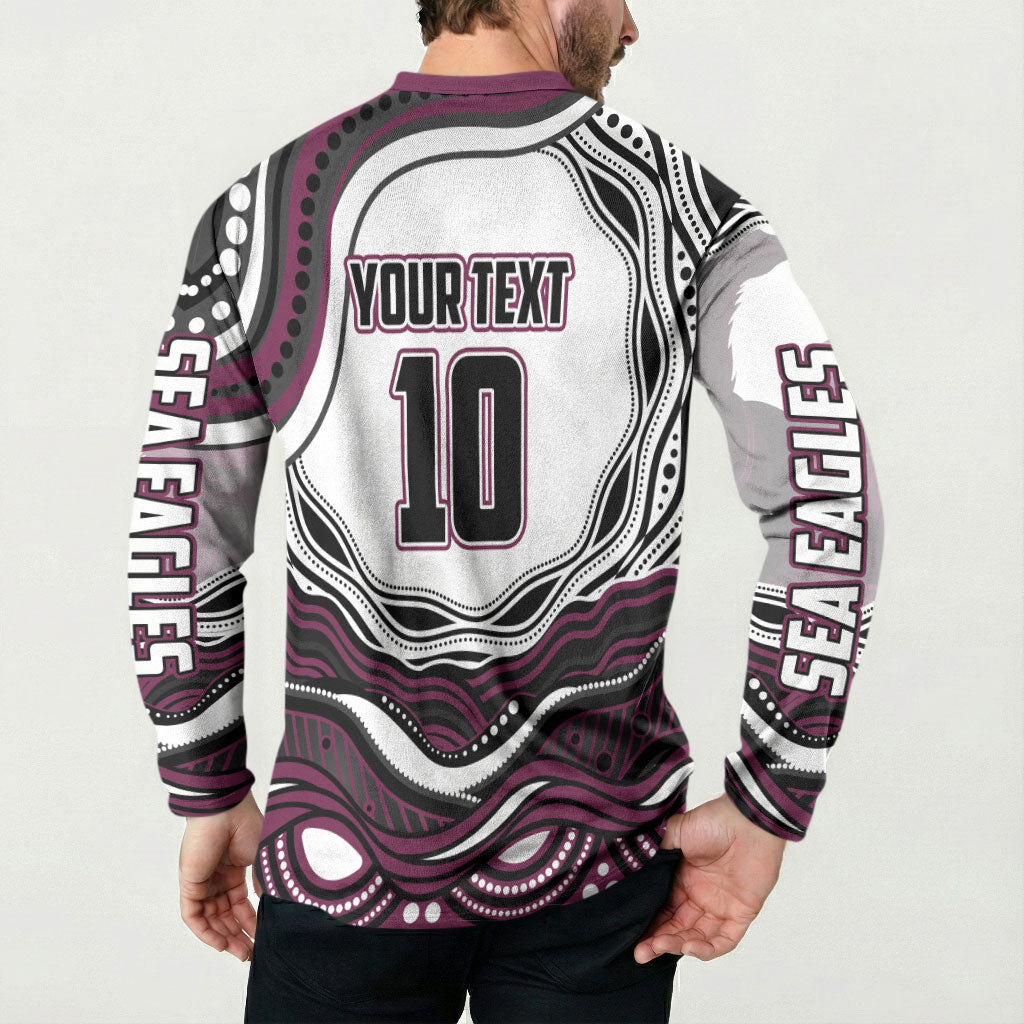 Personalized Manly Warringah Sea Eagles Button Sweatshirt Aboriginal Dot Art - Dreamtime Rugby Mascot