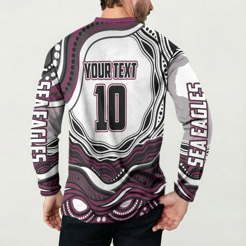 Personalized Manly Warringah Sea Eagles Button Sweatshirt Aboriginal Dot Art - Dreamtime Rugby Mascot