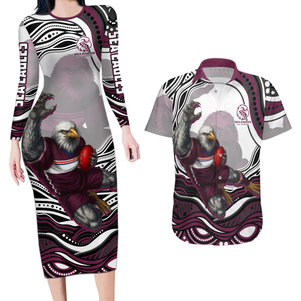 Personalized Manly Warringah Sea Eagles Couples Matching Long Sleeve Bodycon Dress and Hawaiian Shirt Aboriginal Dot Art - Dreamtime Rugby Mascot