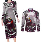 Personalized Manly Warringah Sea Eagles Couples Matching Long Sleeve Bodycon Dress and Long Sleeve Button Shirt Aboriginal Dot Art - Dreamtime Rugby Mascot