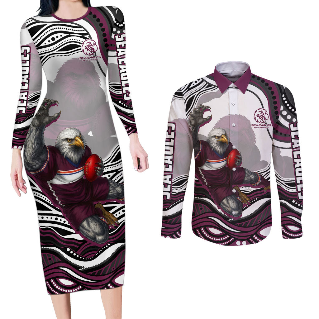 Personalized Manly Warringah Sea Eagles Couples Matching Long Sleeve Bodycon Dress and Long Sleeve Button Shirt Aboriginal Dot Art - Dreamtime Rugby Mascot