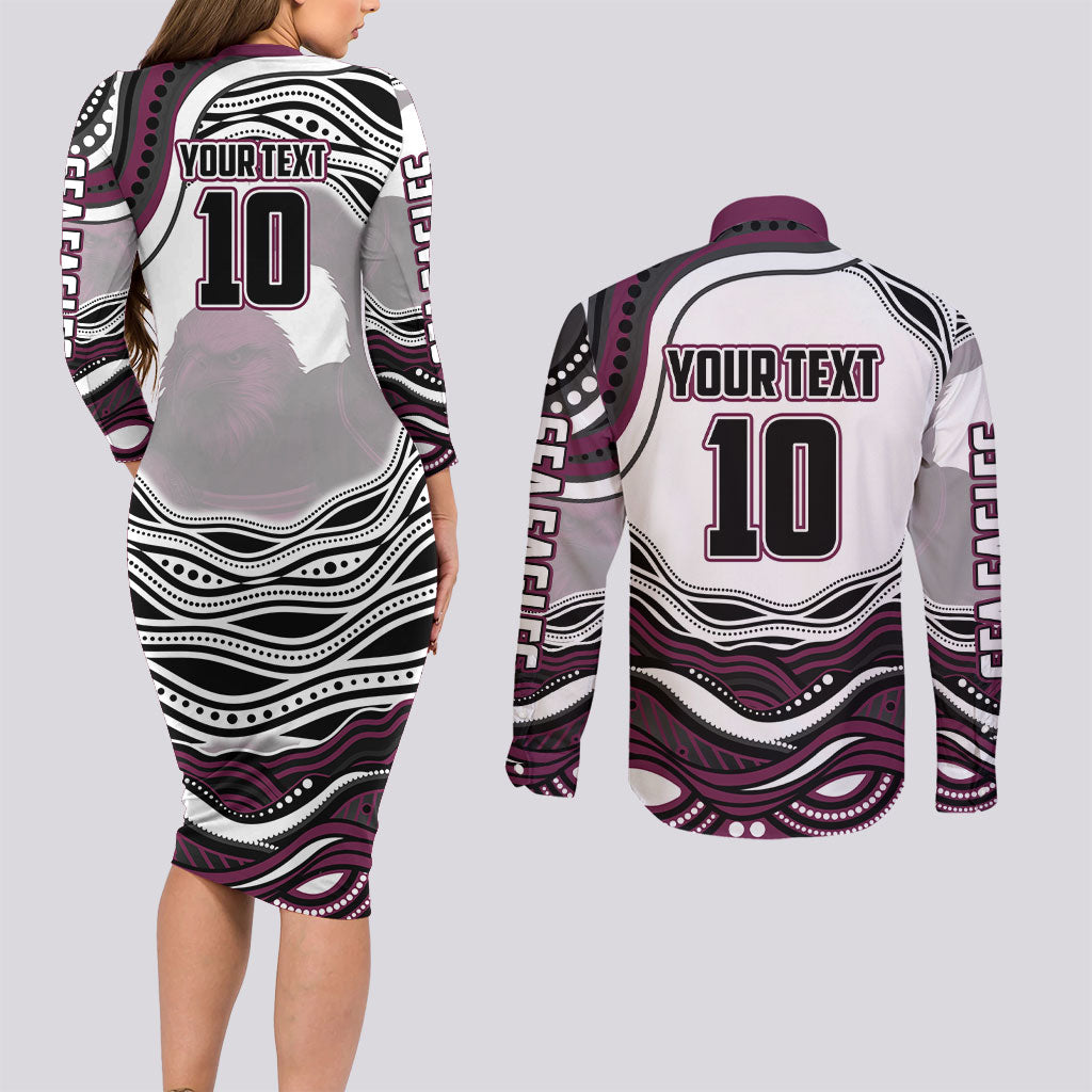 Personalized Manly Warringah Sea Eagles Couples Matching Long Sleeve Bodycon Dress and Long Sleeve Button Shirt Aboriginal Dot Art - Dreamtime Rugby Mascot