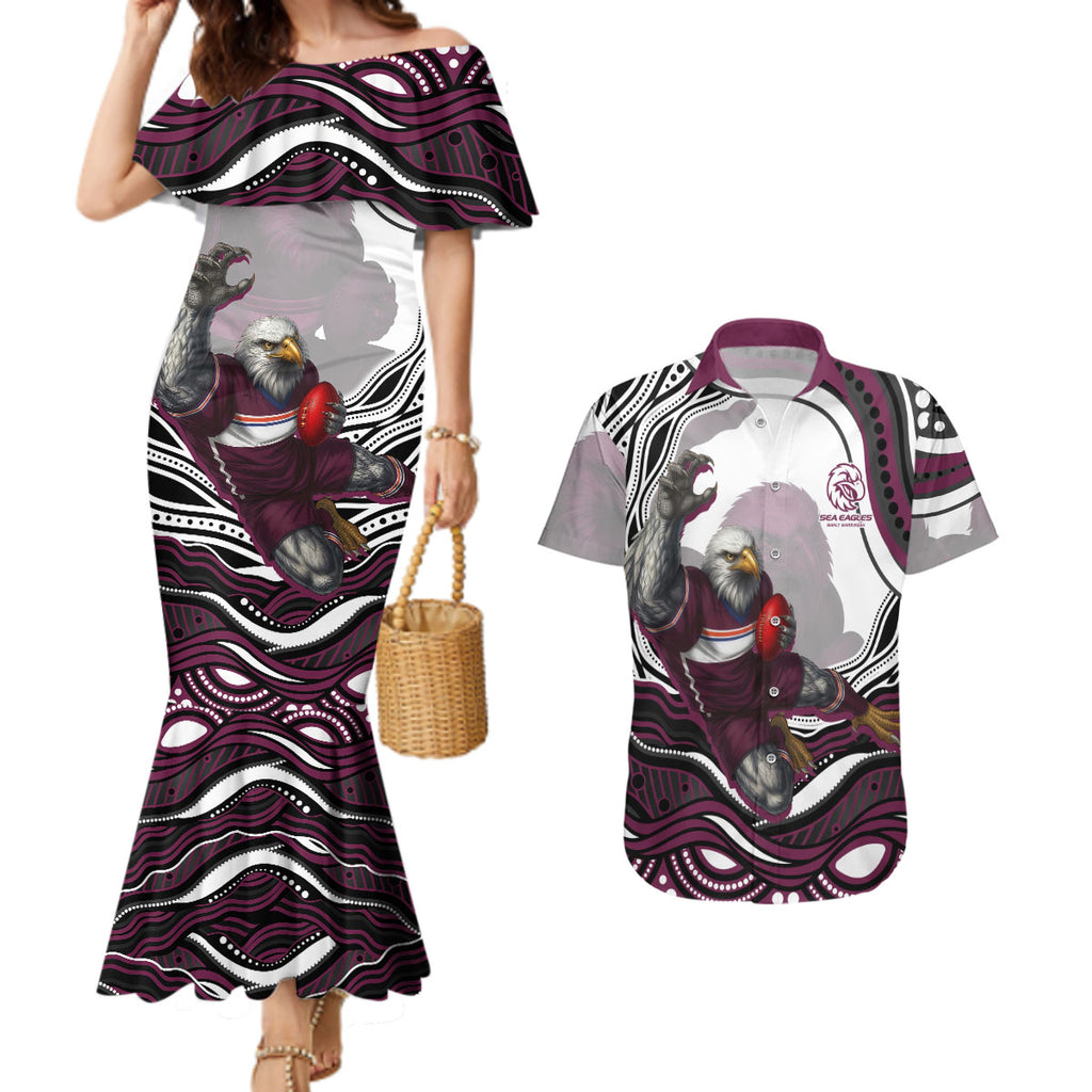 Personalized Manly Warringah Sea Eagles Couples Matching Mermaid Dress and Hawaiian Shirt Aboriginal Dot Art - Dreamtime Rugby Mascot