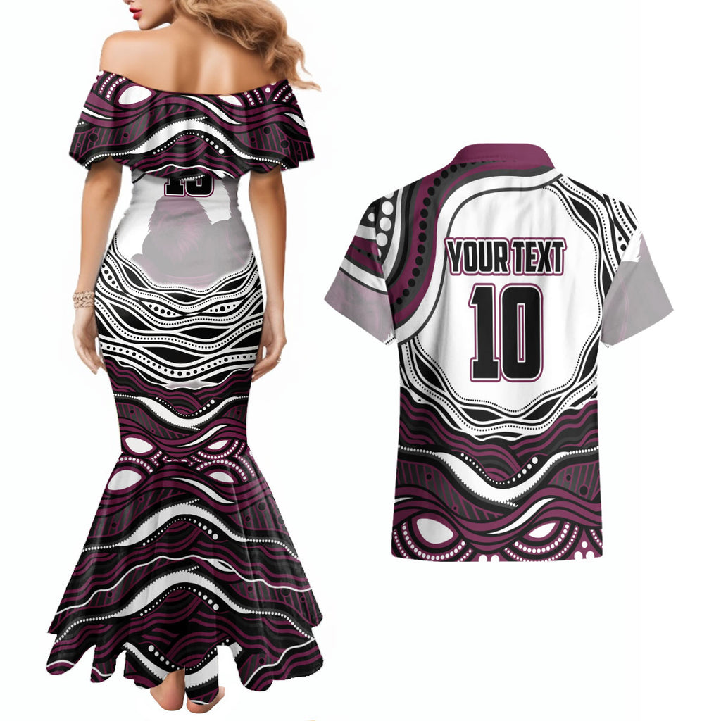 Personalized Manly Warringah Sea Eagles Couples Matching Mermaid Dress and Hawaiian Shirt Aboriginal Dot Art - Dreamtime Rugby Mascot